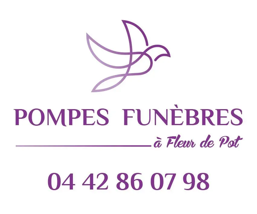 Logo des pompes funèbres À Fleur de Pot avec symbole d'oiseau stylisé violet.